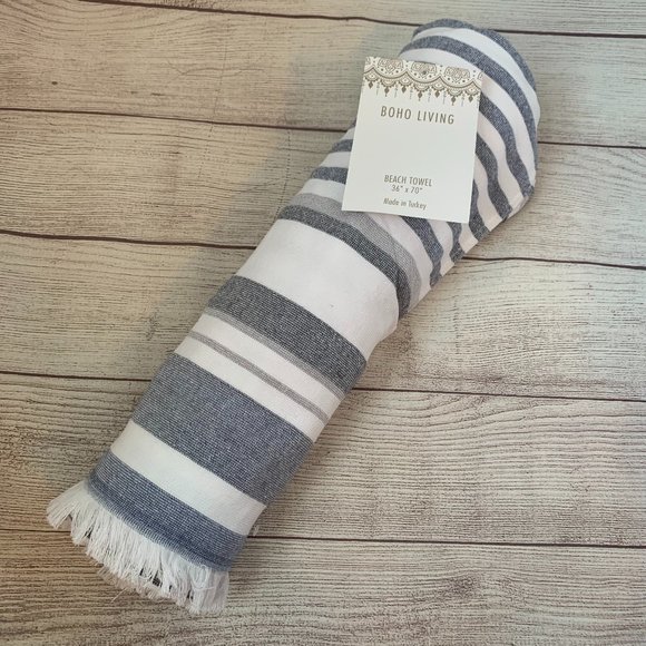 Boho Living Other - Boho Living Turkish Beach Towel Picnic Blanket Grey and White Stripes 36x70"